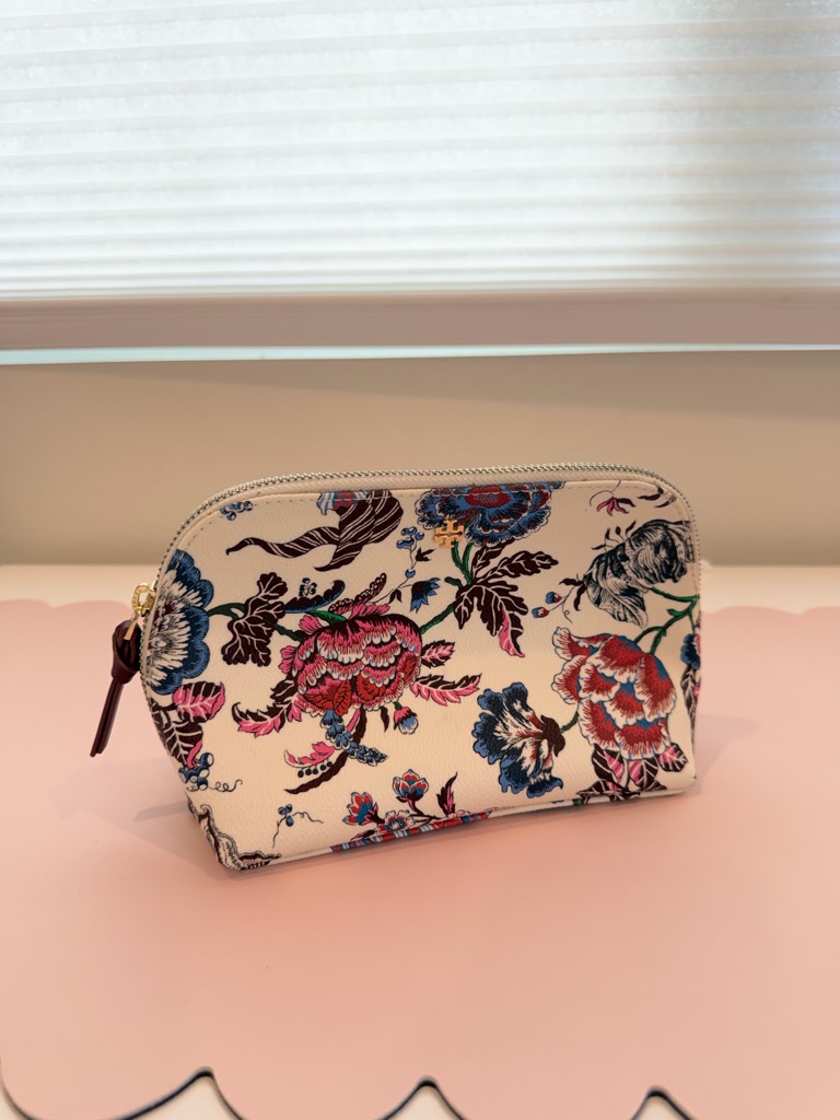 Tory Burch Floral Leather Zip Cosmetic Pouch - Cream With Pink & Blue Flowers